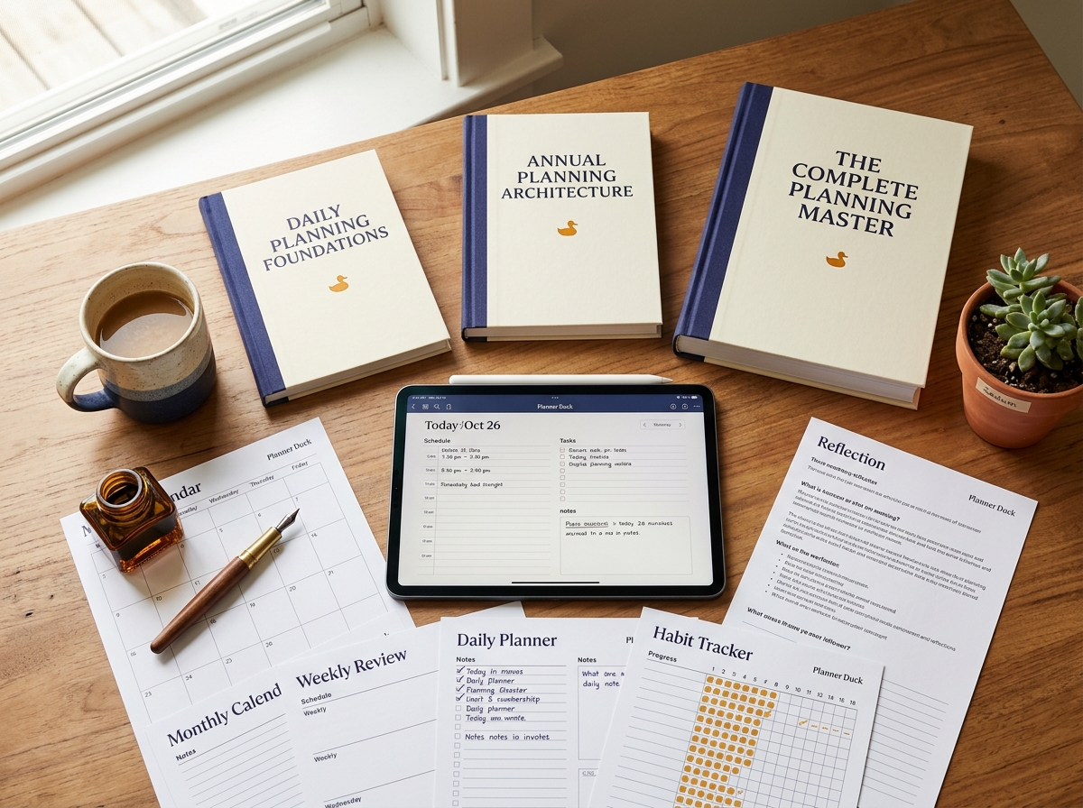 Planner Duck library — printed books and digital templates on a desk